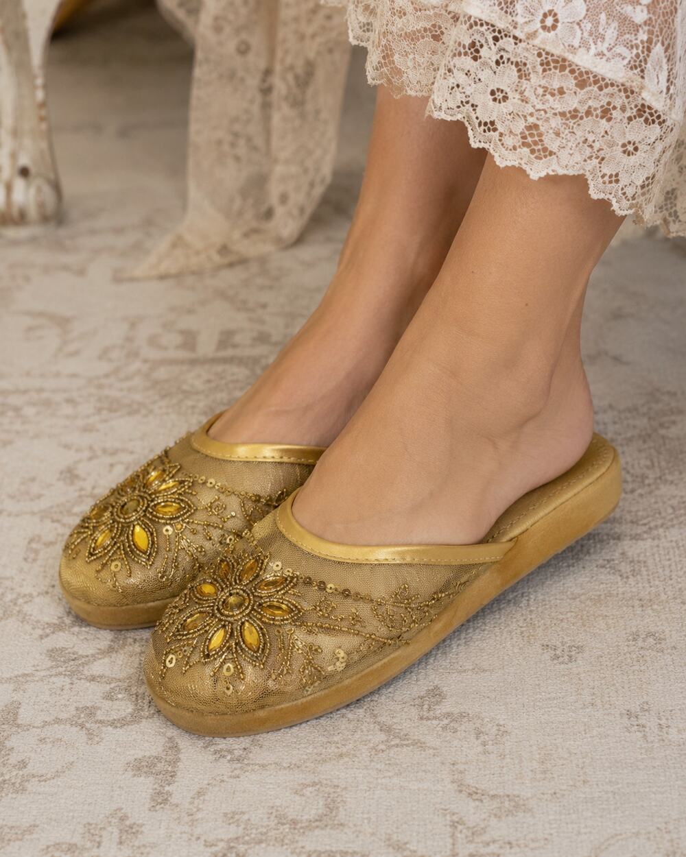 Gold Beaded Mesh Slides Women’s Size 8–8.25 Sheer Embellished Flats